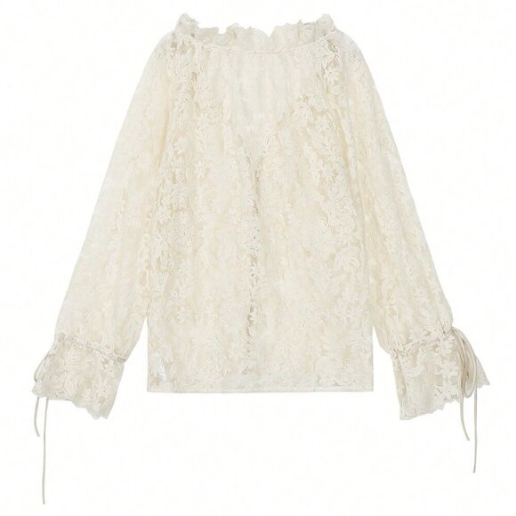 Apricot Casual Women's Elegant Lace Sheer long sleeve Blouse - Picture 6 of 9